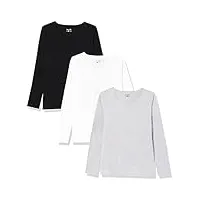 berydale chemise à manches longues et col rond en 100 % coton, femmes, noir/blanc/gris (lot de 3), l
