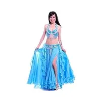 royal smeela femme belly dance vêtements strass soutien-gorge/ceinture/jupe 3 pcs, bleu clair