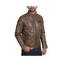 hommes aménagée veste de cuir de motard col debout zip up casual manteaux manteau bowie marron (xl)