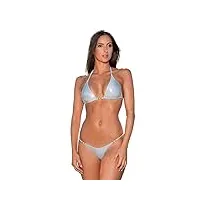 my sexy bikini - maillot de bain femme sexy - séduction - 3 pièces (tanga + string + top) lycra métallisé argent métal (bas: 36/38 | haut: 1)