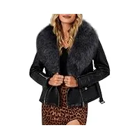 bellivera veste simili cuir femme manteau ceinture moto doublé polaire avec col fourrure amovible 9203 noir 3xl