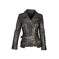a1 fashion goods femmes veste en cuir de motard noir vintage déteindre mince fit taille ceinturé manteau - coco (l - eu 40)