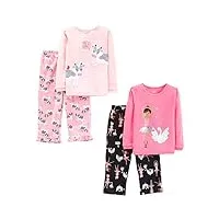 simple joys by carter's 4-piece pajama set (cotton top & fleece bottom) ensemble de pijama, noir ballerine/rose clair/rose vache/cygnes, 3 ans bébé fille