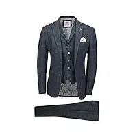 cavani laine 3 piece hommes costume navy vintage tweed vérifiez retro fit veste intelligente tailored [suit-kemson-navy-38uk]