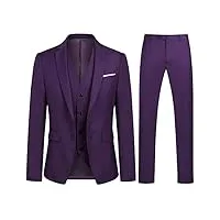 costume homme 3 pièces slim fit smoking deux boutons couleur unie mariage business confort elégant veste gilet et pantalon, violet, s