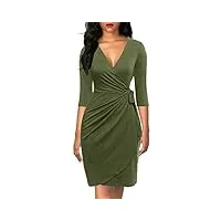 berydress robe portefeuille classique à manches 3/4 et col en v pour femme - style décontracté - noir, vert militaire, taille s