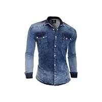 chemise en jean épais pour homme - col standard - perles - poches - extensible - bleu - large