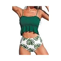 cupshe femme bikini smocké bandeau froncé et volanté imprimé feuilles taille haute maillots de bain 2 pièces vert xs