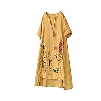 ftcayanz femme robe d'été coton lin broderie rétro décontractée tunique à manche courte jaune xxl