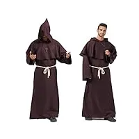 miidd déguisement d'halloween prêtre friar,médiéval renaissance costume,moine costume avec croix,cape à capuchon longue polyester adulte(marron,l)