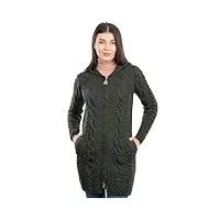 saol cardigan irlandais à capuche en tricot torsadé 100 % laine mérinos, vert militaire, taille l