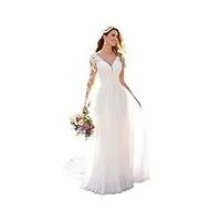 robe de mariée à manches longues, en dentelle et mousseline de soie, col en v, style boho, blanc., 48