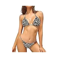 shekini maillots de bain 2 pièces pour femme bikini rembourré classique réglable halter triangle top de bikini de plage avec taille basse brésilien string bas de bikini (imprimé léopard noir,s)