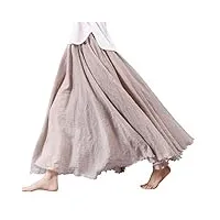 feoya jupe longue en coton et lin taille élastique jupe plissée style rétro - beige - 38