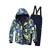 sxshun combinaison de ski/neige manteau et salopettes pantalons epaisse imperméable coup vent pour enfant fille garçon 3-16 ans, bleu + bleu foncé, 12-14 ans/stature 150-160cm