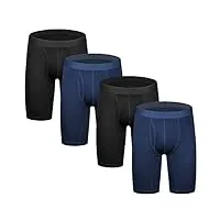 nuofengkudu homme long boxers lot de 4 caleçon confortable anti-bactéries respirant sous-vêtement sport culotte hipster running grande taille (2 noir/2 bleu,5xl)