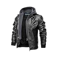 hommes À capuche pu cuir veste aviateur moto blousons avec amovible capuche men leather hooded jacket (noir,x-large)