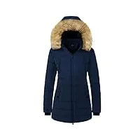 wantdo femme parka hiver à capuche fousse fourrure doublée en sherpa manteau longue casual veste chaude coton manteau grand froid bleu foncé xl