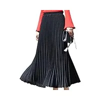 camilife jupe plissée longue en mousseline de soie élastique pour femme fille jupe maxi taille élastique pour printemps, été - taille xs-m uni couleur noir