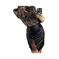 loalirando jupe crayon femme sexy mini courte taille haute en pu cuir conception fendue en dentelle zippée (noire, m)