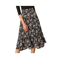 allegra k jupe imprimée en mousseline de soie taille élastique à volants volants jupe midi fluide pour femme, noir/motif floral, 48