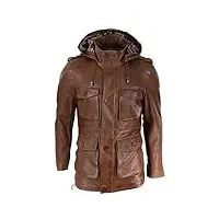 infinity leather manteau homme longueur 3/4 cuir véritable style duffle militaire classique capuche - marron clair l
