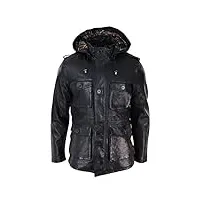 infinity leather manteau homme longueur 3/4 cuir véritable style duffle militaire classique capuche - noir 4xl