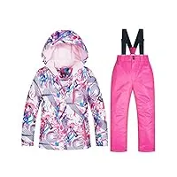 lpattern combinaison de ski/neige manteau et salopette pantalon epaisimperméable coup vent pour enfant fille garçon ensemble de veste et pantalon de ski pour enfant, rose bleu blanc+rose, 8-9 ans