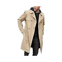 pretifeel trench pour homme coupe ajustée double boutonnage veste longue avec ceinture à revers cranté manteau coupe-vent d'automne, kaki, large
