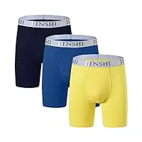 jinshi boxer long hommes bambou caleçons doux slip respirant hipster sous-vêtement pantalon brief lot de 3 marine/bleu/jaune xxl