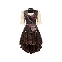 jutrisujo corset steampunk bustier robe jupe 3 pièces Élégantes medieval vintage sexy gothique dentelle pirate halloween costume femme marron xl