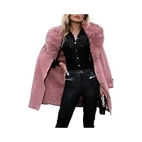 giolshon veste longue en cuir imitation daim pour femmes, vêtements d'hiver trench-coat à la mode ceinturé pour motard avec col en fourrure amovible ff20 rose l
