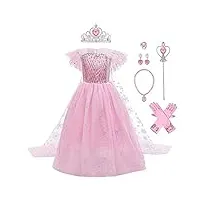 iwemek filles déguisements princesse elsa robe longue avec cape + accessoires reine des neige 2 costume de carnaval halloween noël robes de fête d'anniversaire enfants rose set 5-6 ans