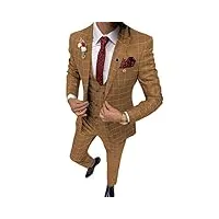 costume 3 pièces pour homme - blazer à carreaux - coupe ajustée - pour mariage et garçon d'honneur (blazer+gilet+pantalon), marron, 46