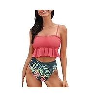 cupshe femme bikini smocké bandeau froncé et volanté imprimé floral taille haute maillots de bain 2 pièces rose/vert xl
