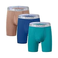 jinshi boxer long hommes bambou caleçons doux slip respirant hipster sous-vêtement pantalon brief lot de 3 marron/vert de lac/bleu xxl