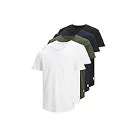 jack & jones jjenoa lot de 5 t-shirts à col rond, blanc/détails : 2 blancs-1 noir-1 bleu marine-1 forêt, xl homme
