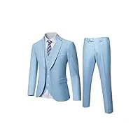ynd costume 3 pièces pour homme, coupe ajustée, veste unie à un bouton, gilet et pantalon avec cravate, bleu ciel, taille m