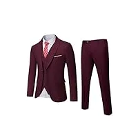 ynd costume 3 pièces pour homme, coupe ajustée, veste solide à un bouton, pantalon avec cravate, bordeaux, s