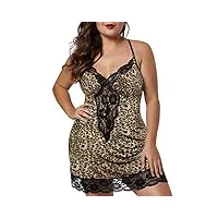 feoya - femmes sexy lingerie babydoll grande taille nuisette en dentelle avec g-string ensemble vêtements de nuit style 1 léopard 2xl