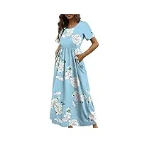 cherfly femme robe d'été casual longue Élégante manche courte avec poches (floral bleu clair,l)
