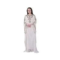 farasha robe longue brodée en caftan imitation georgette ethnique pour femme, blanc cassé, taille l