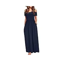 cherfly femme robe d'été casual longue Épaule dénudée manche courte avec poches (bleu marin,m)