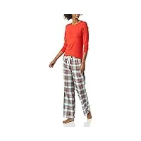 amazon essentials pyjama avec pantalon léger en flanelle et t-shirt à manches longues (grandes tailles disponibles) femme, rouge tartan Écossais, l