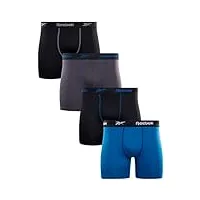 reebok men's active underwear - sport soft performance boxer briefs (4 pack), size large, black/blue/black/grey
