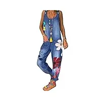 orandesigne salopette ample femme boho combinaison avec poches pantalon d'été rétro fleurs barboteuses salopette en jean long pantalon large pantalon à bretelles a 01 bleu xl