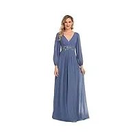 ever-pretty robe de soirée grande taille femme longue manche longue col v en mousseline applique plissé bleu denim 44