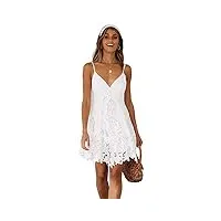 lath.pin robe mini court en dentelle robe d'été sexy col v robes à sangle réglable robe à bretelles pour femme (blanc, l, l)
