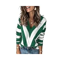 uusollecy pull en tricot à col en v pour femmes pull en tricot rayé pullover à manches longues vert xl