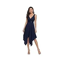 ever-pretty robe de soirée asymétrique au genou femme double col-v sans manche en dentelle mousseline de soie bleu marine 40